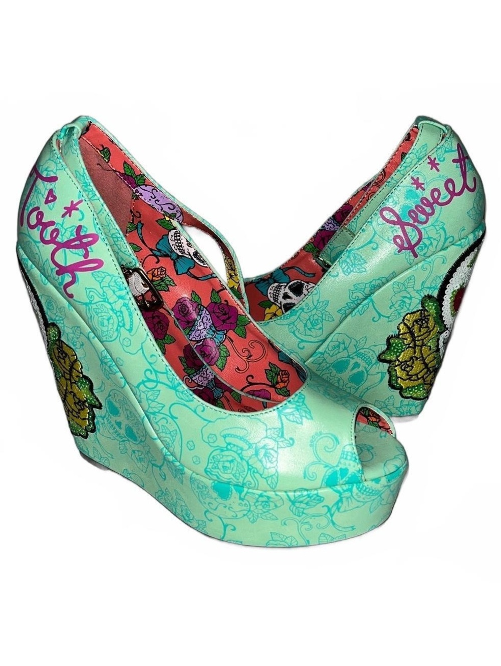 Iron Fist Mint “Sweet Tooth” Sugar Skull Women's Wedges circa 2011-2012 Size 9